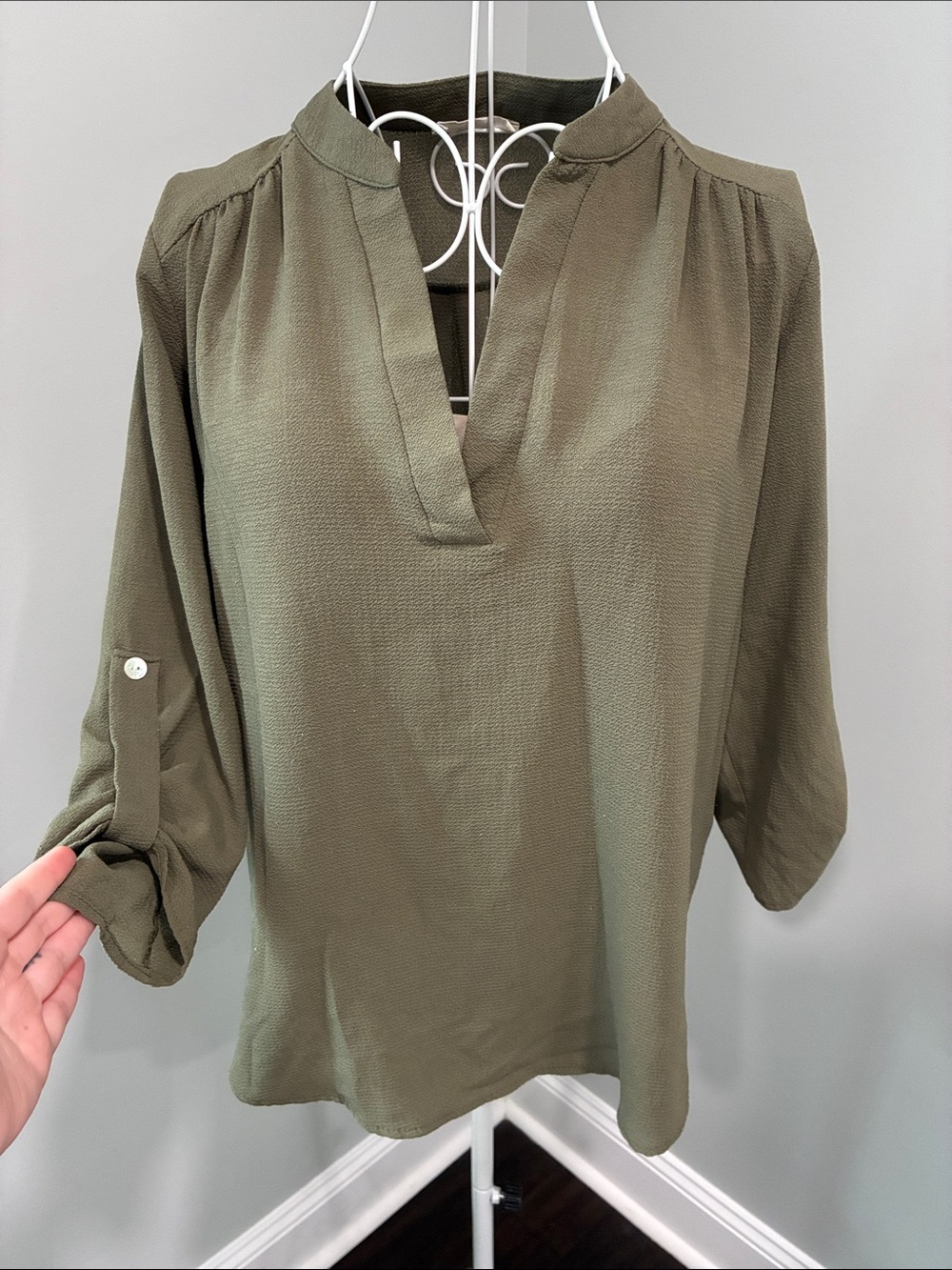 Relaxed Olive Split-Neck Roll-Sleeve Blouse